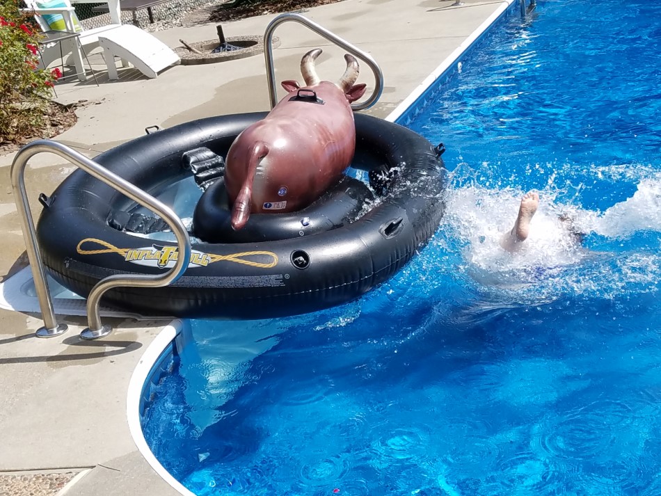 Person falling off Bull into Pool