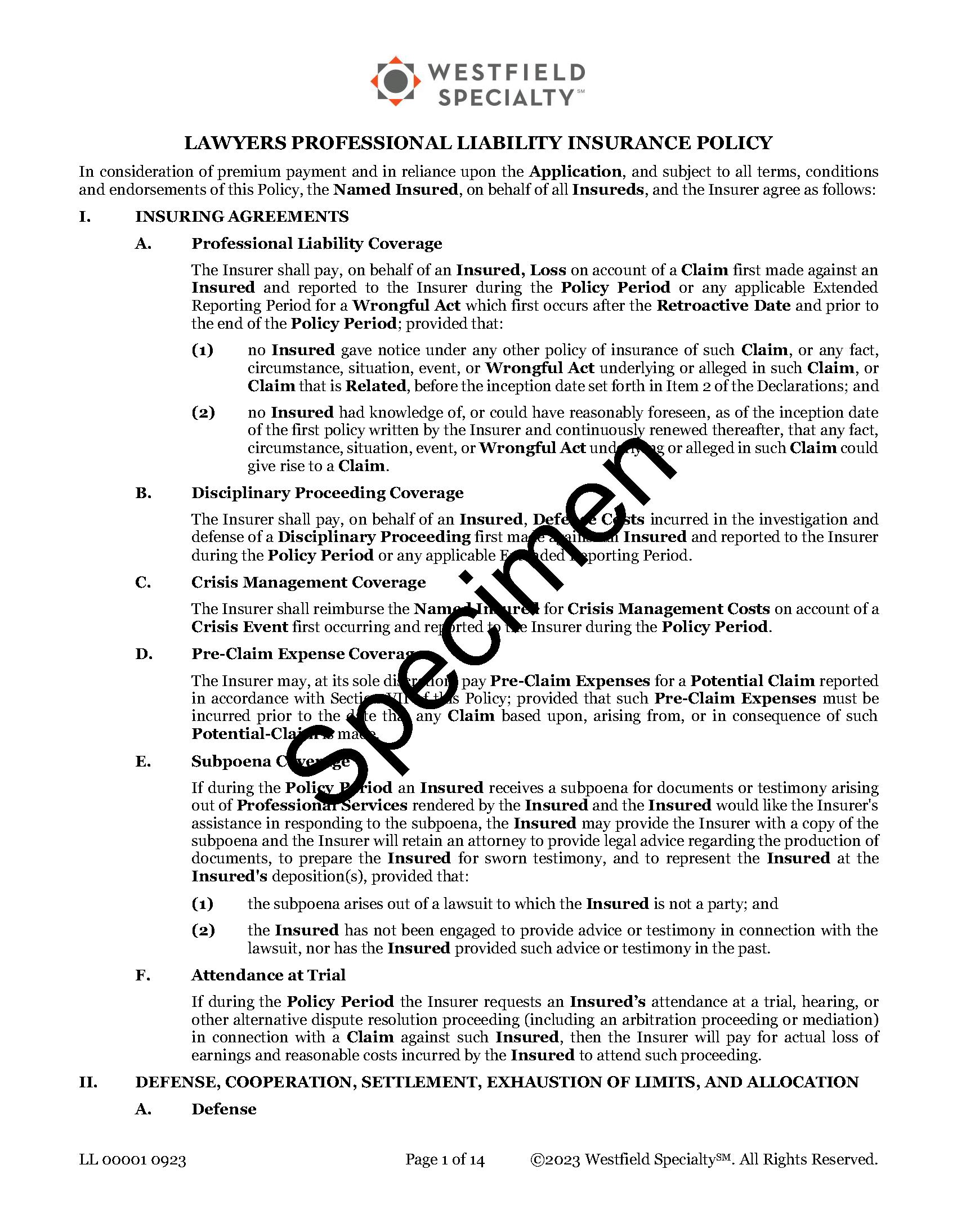 Westfield Specialty Specimen Policy Page 1
