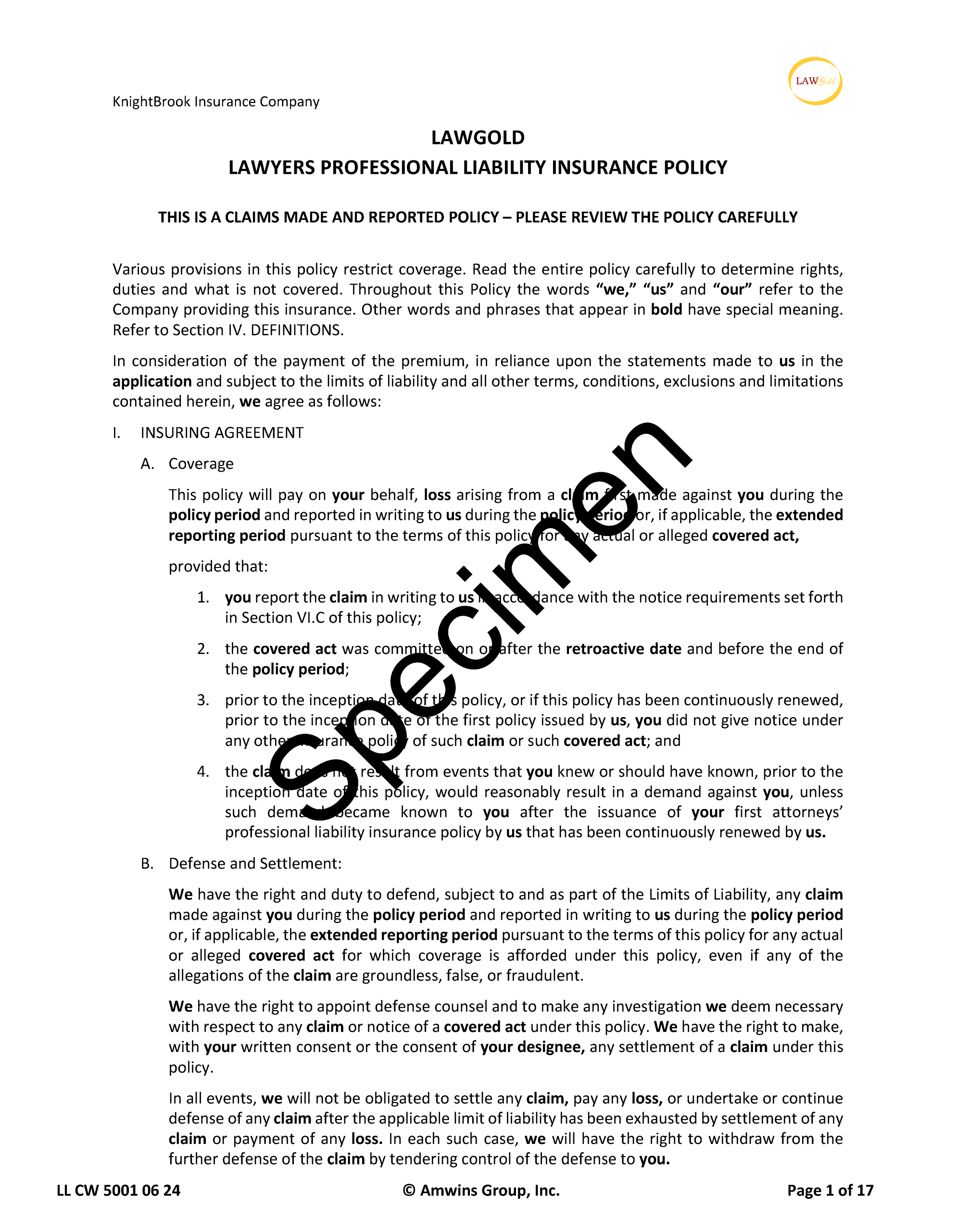 Knight Specialty Insurance Specimen Policy Page One