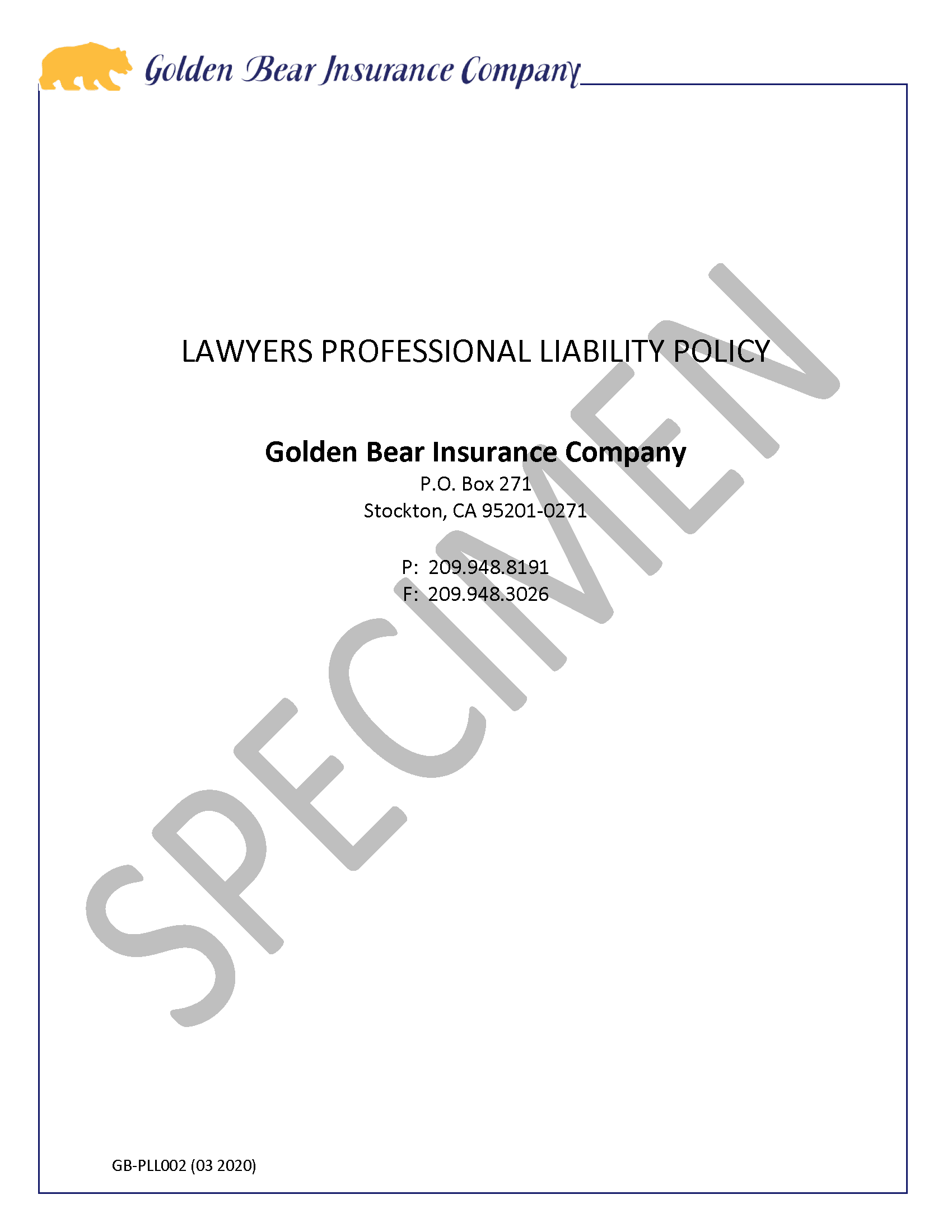 Golden Bear Lawyers Professional Liability Policy Cover Page