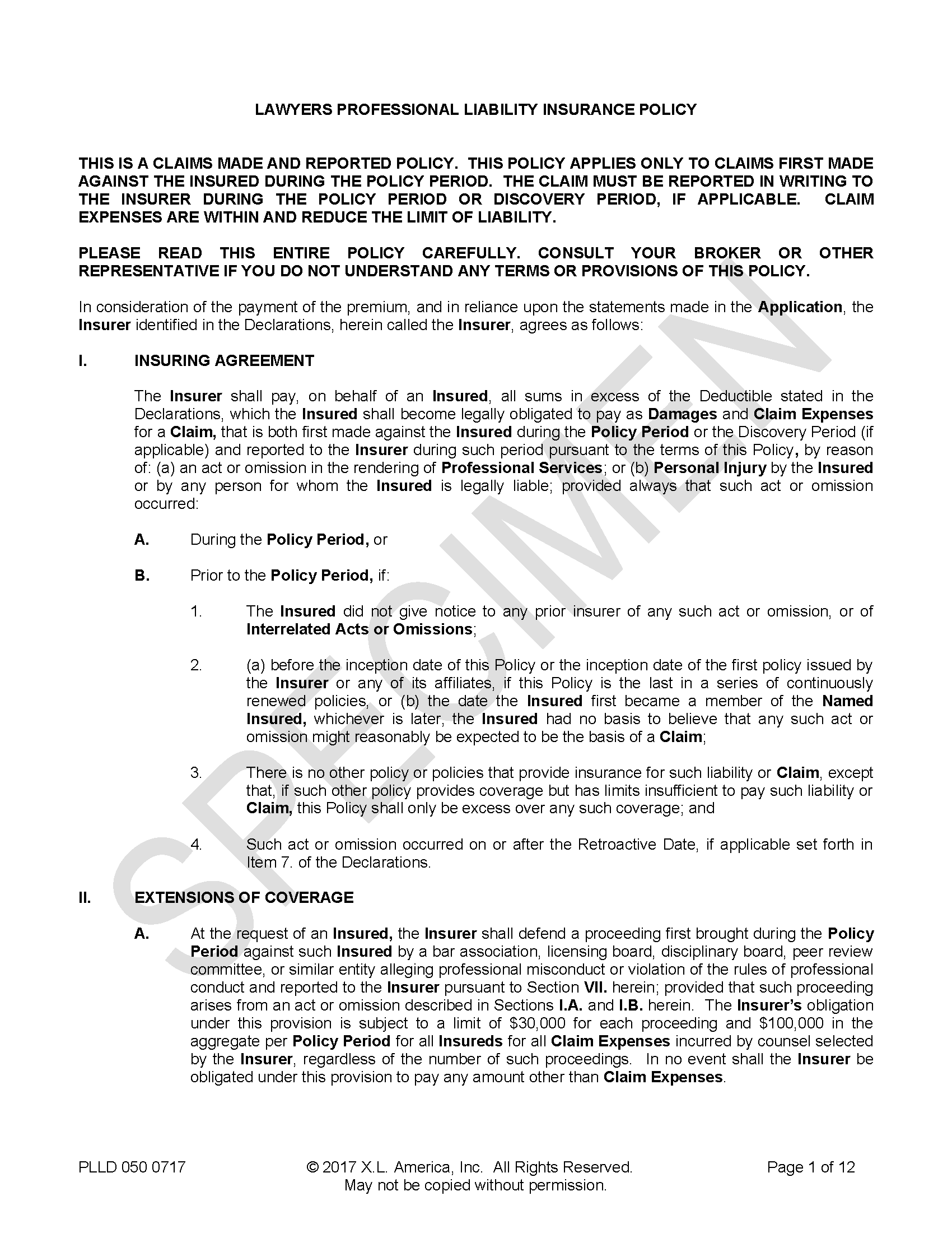 Greenwich Insurance LPL Policy Page 1 Specimen