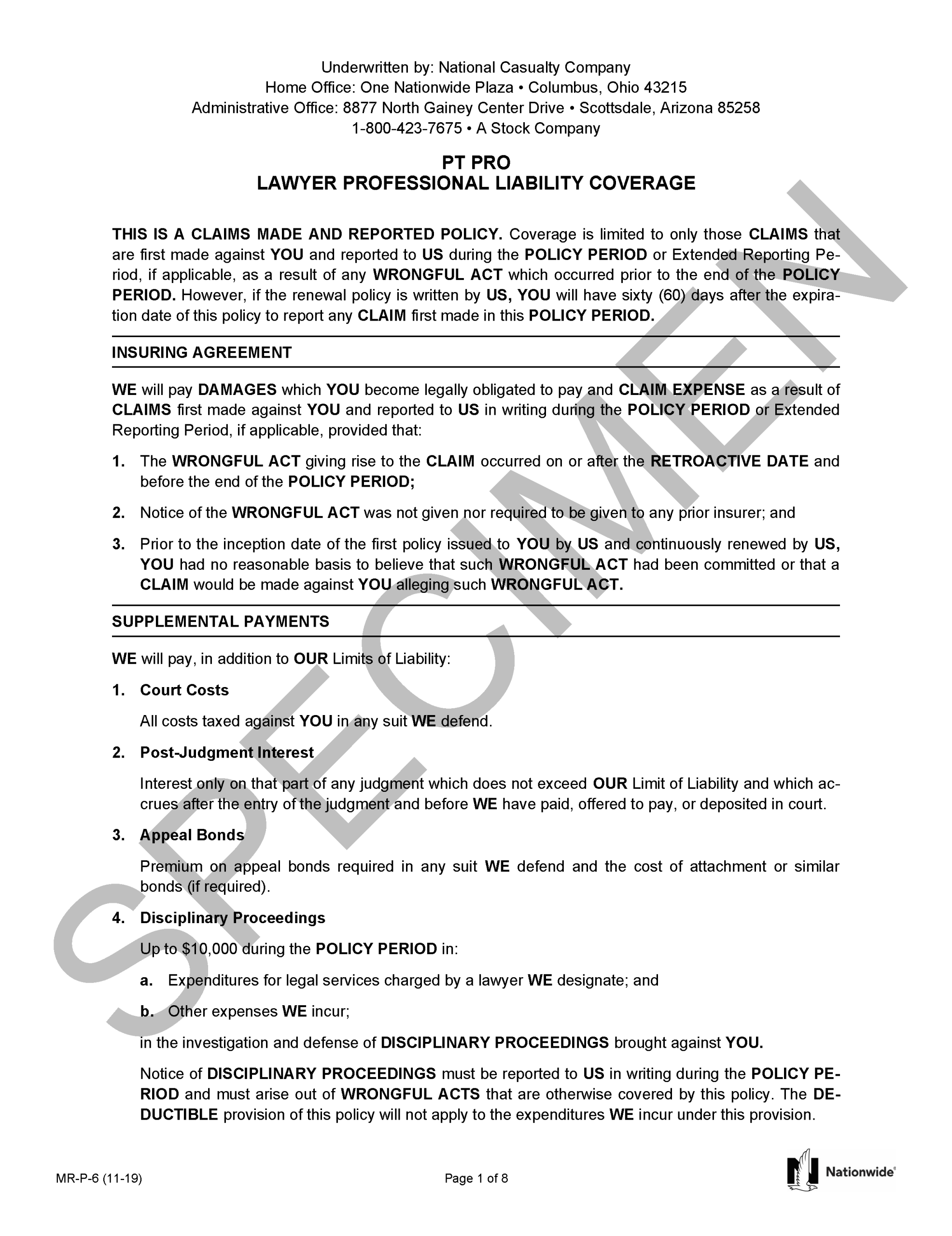 Nationwide (National Casualty Company) Attorney Malpractice Specimen Policy Page 1