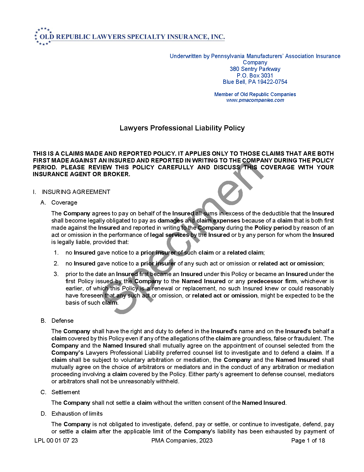 Old Republic Policy Form Specimen Page 1