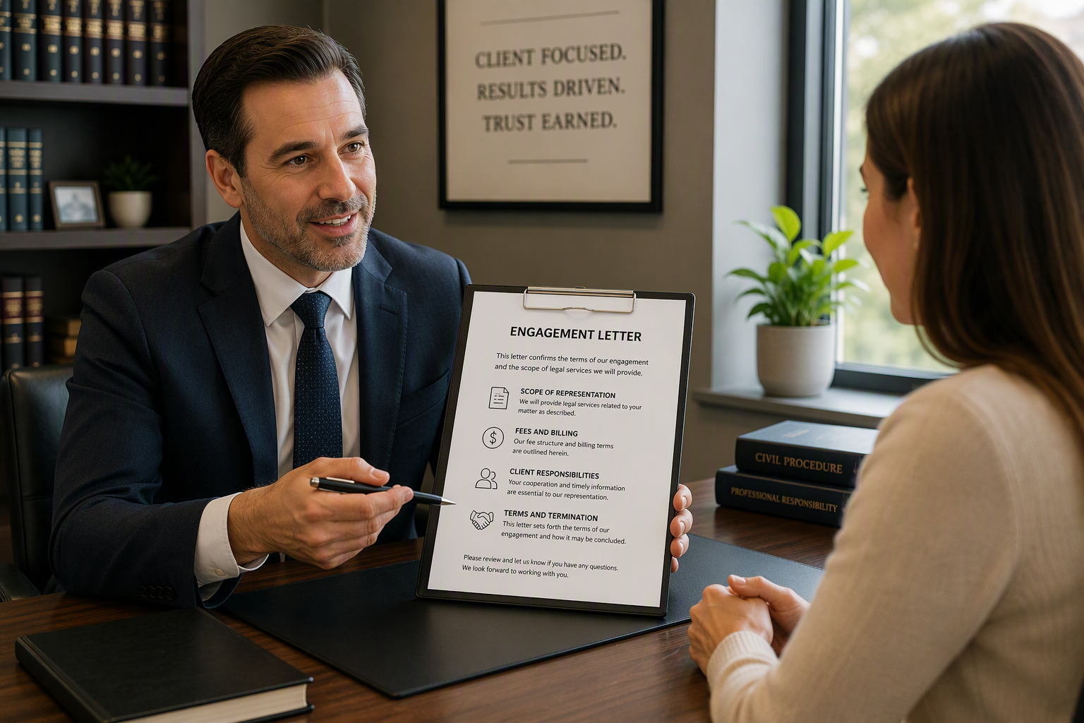Attorney delivering a concise engagement letter to client