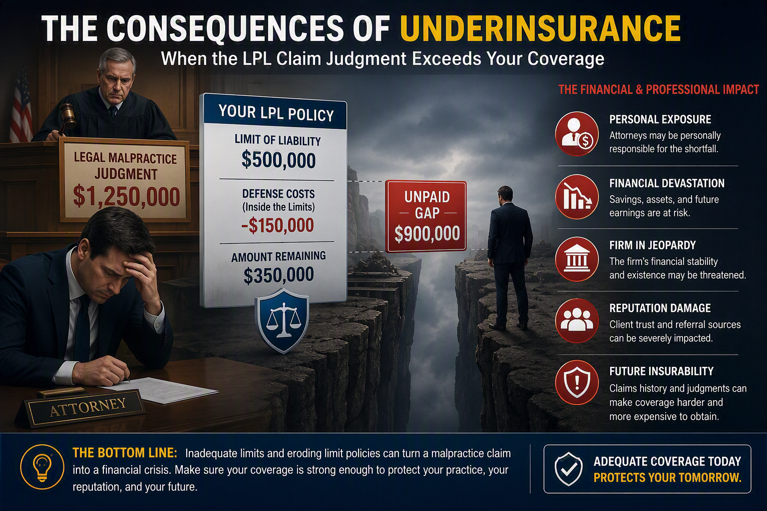 Consequences of Underinsurance • Attorneys and Partners personal exposure • Unfunded settlement obligations • Difficulty resolving claims • Damage to the firm's reputation • Financial strain on the practice • Potential impact on future insurability