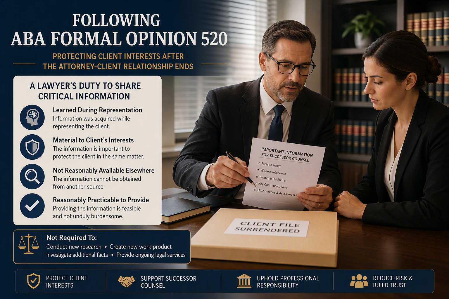 ABA Formal Opinion 520 The opinion requires lawyers to communicate information acquired during the representation when: • The information is not available from another source. • The information is important to protect the client's interests in the same matter. • Providing the information is reasonably practicable.