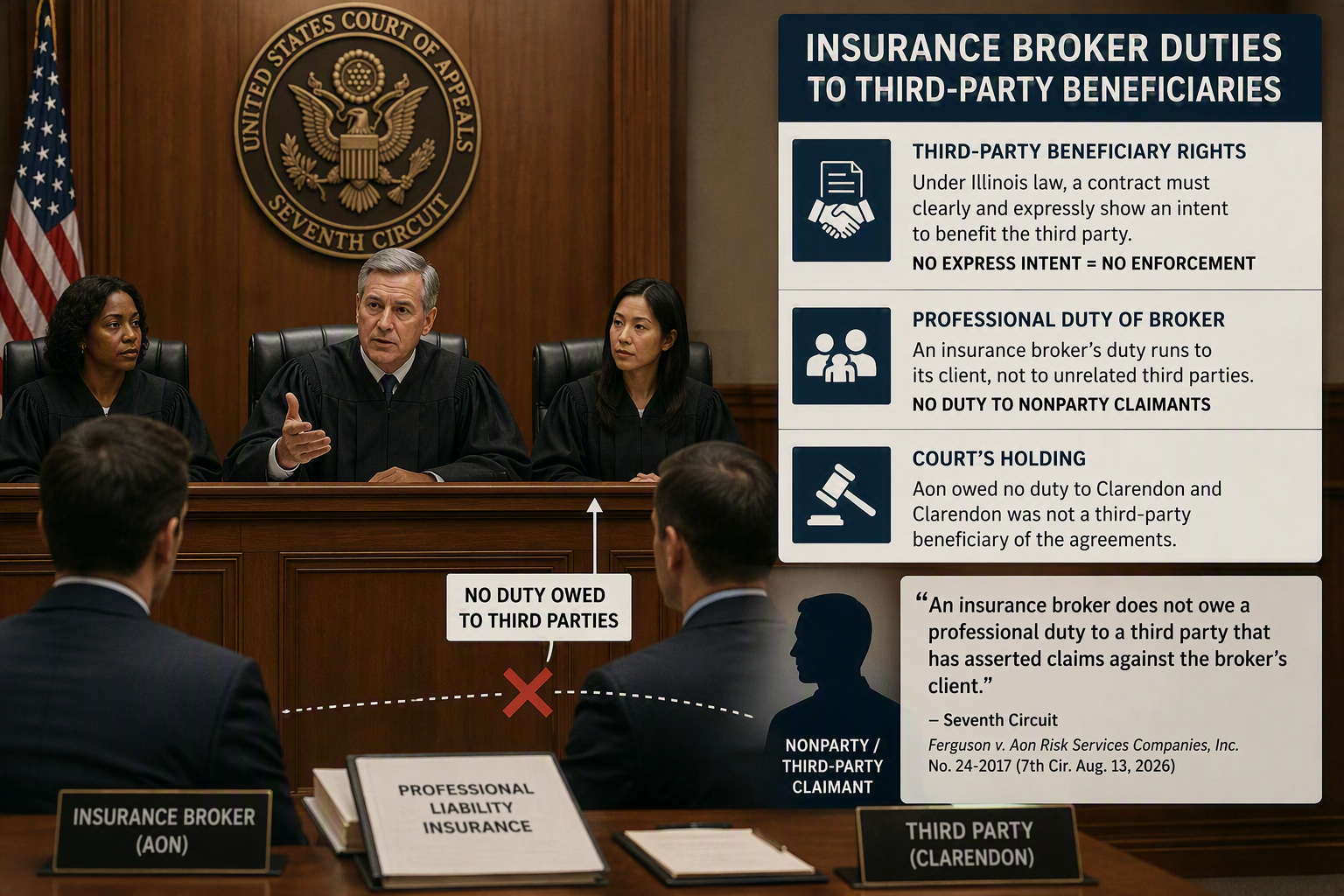 Insurance broker duties to 3rd party beneficiary n INsurance Broker does does not owe a professional duty to a thrid part that has asserted claims against the broker's client - Seventh Circuit Ferguson v Aon risk Services Companies, Inc No 24-2017 (7th Cir. Aug 13, 2026)