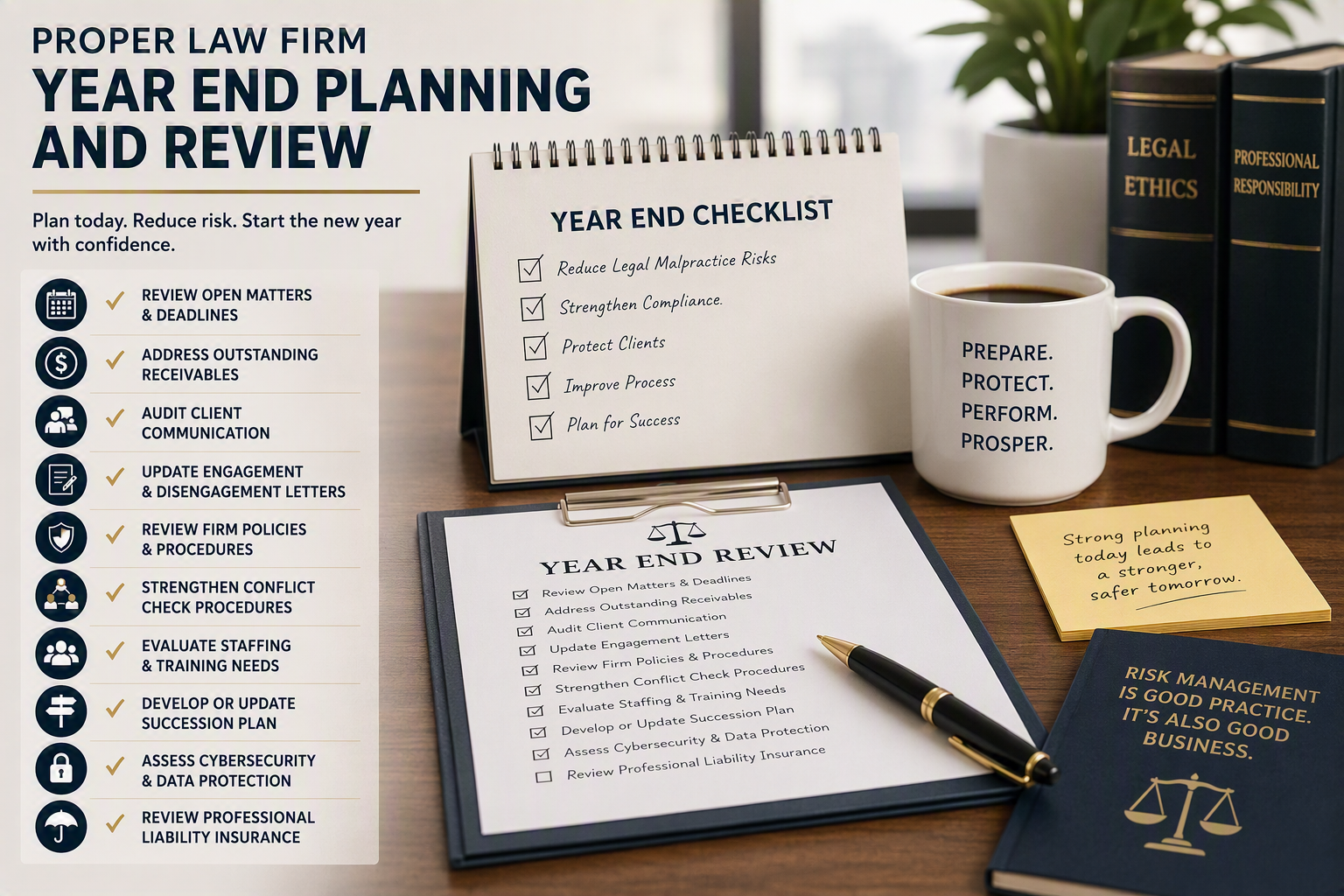 Proper-Law-Firm-Year-End-Planning Review Open Matters and Upcoming Deadlines Address Outstanding Receivables Audit Client Communication Practices Update Engagement and Disengagement Letters Review Firm Policies and Procedures Strengthen Conflict Check Procedures Evaluate Staffing and Training Needs Develop or Update Your Succession Plan Assess Cybersecurity and Data Protection Measures Review Professional Liability Insurance Coverage