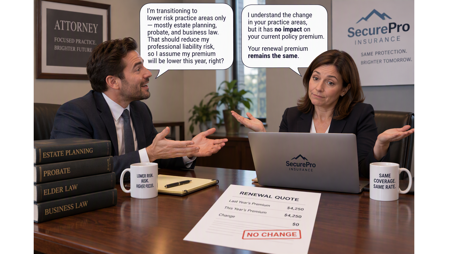 an attorney telling the insurer about planning to change to lower risk practice areas only to find out it has no impact on the current policy premium